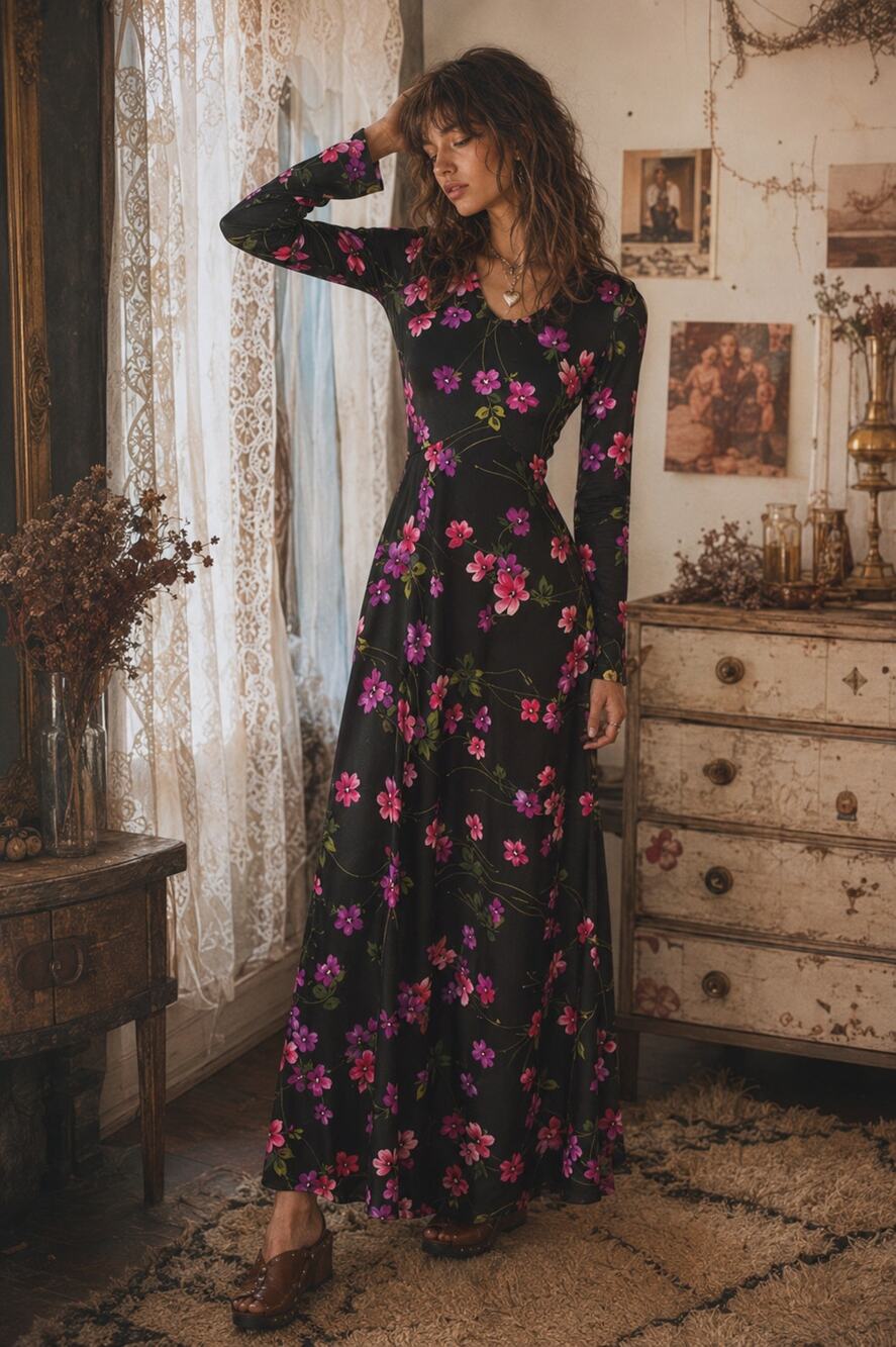 Vintage 70s Boho Floral Festival Babydoll Maxi Dress Size XS Feminine Romantic